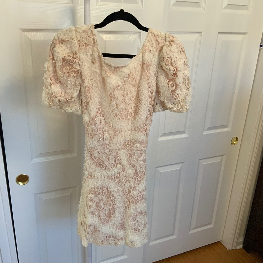 Lace Open Back Puff Sleeve Mini Dress